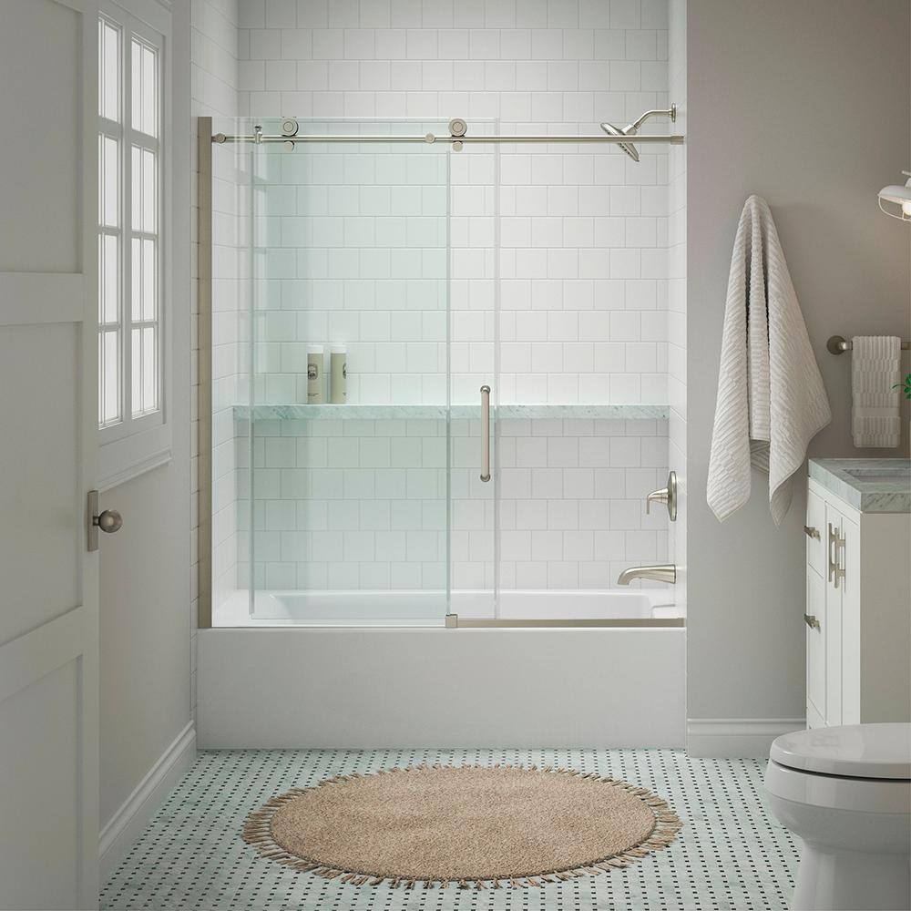 KOHLER Cursiva 59.875 in. W x 62 in. H Sliding Frameless Bath Tub Door in Anodized Brushed Nickel K-707626-8L-BNK