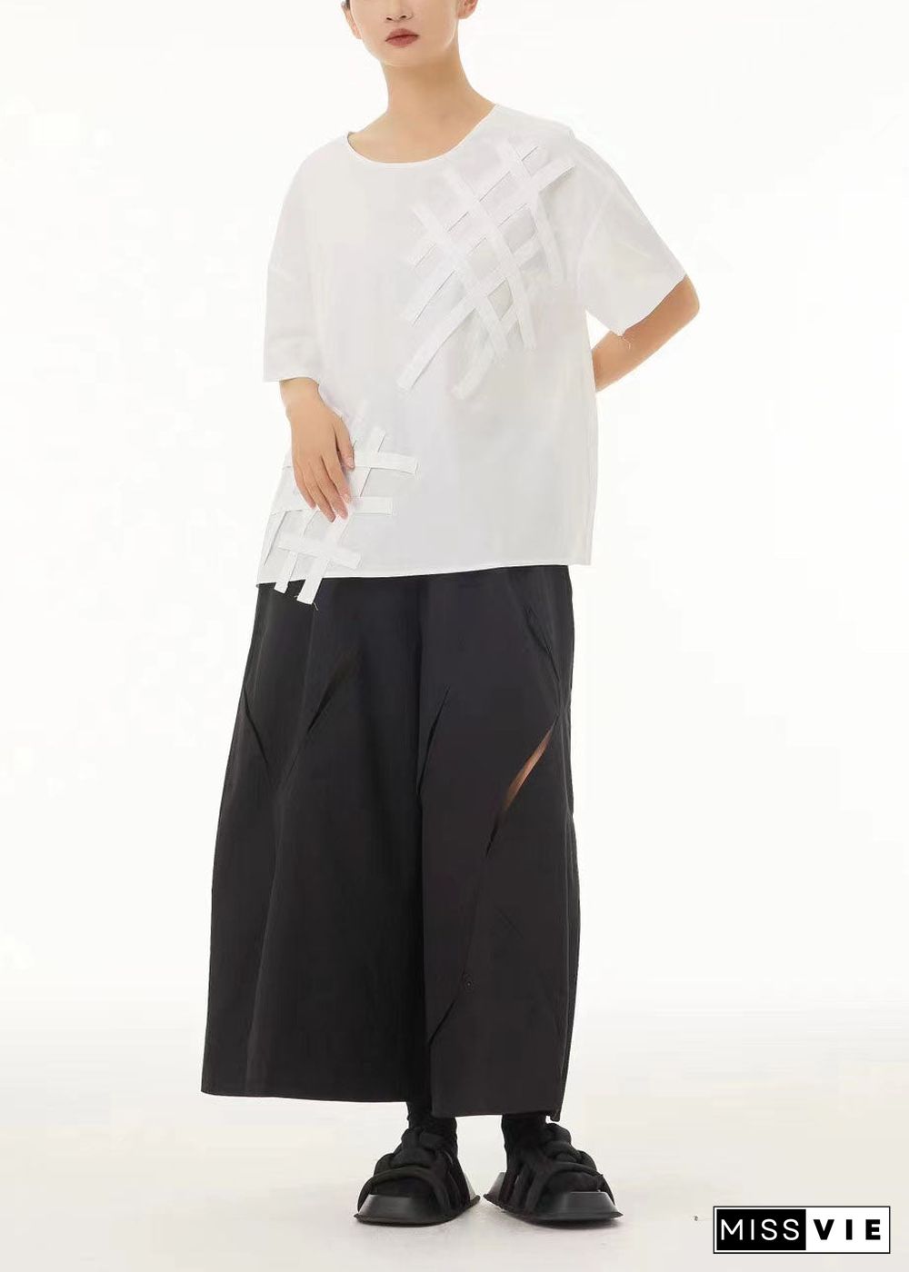 French Black Elastic Waist Ripped Cotton Wide Leg Crop Pants Summer