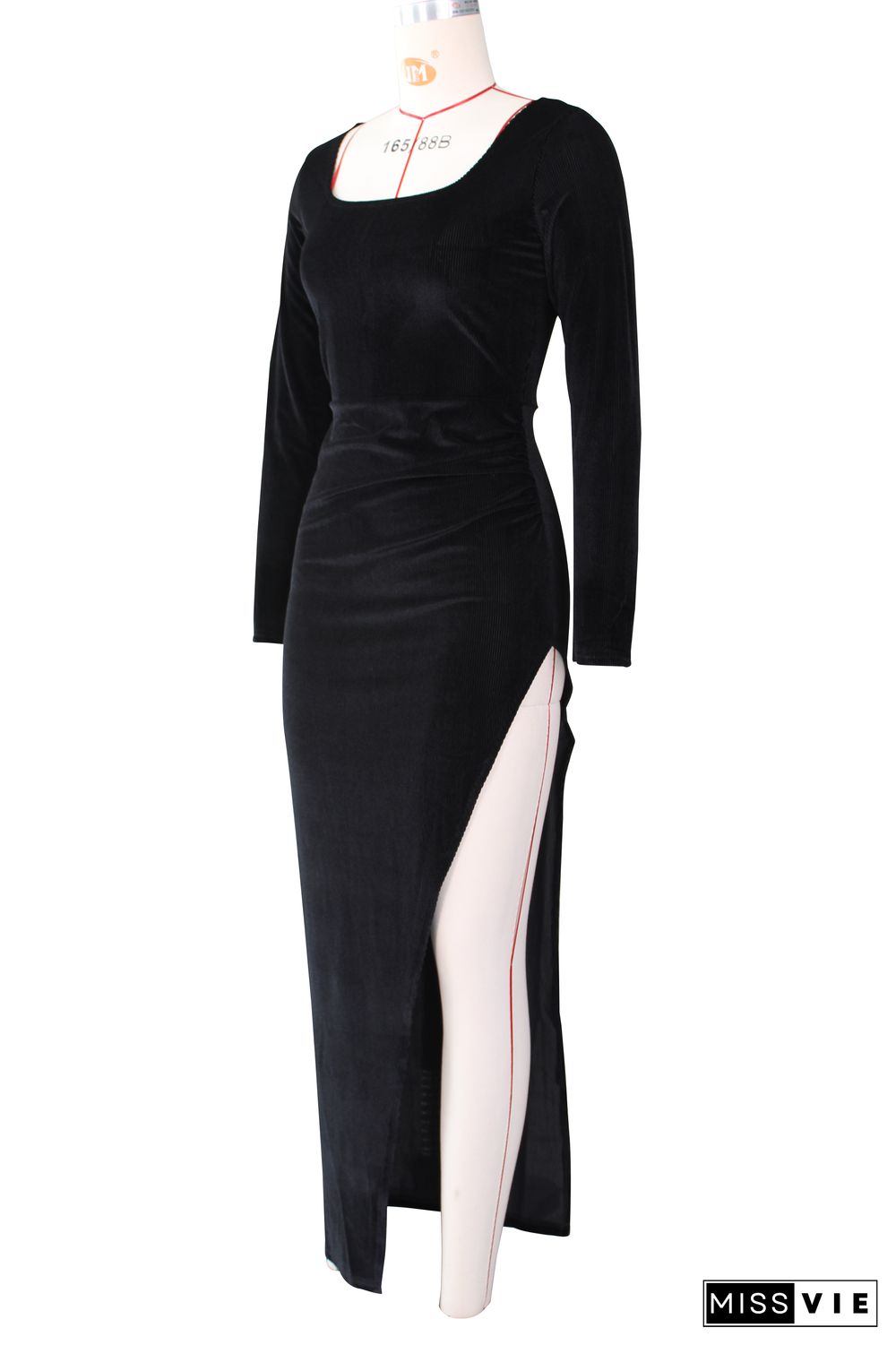 Velvet Long Sleeve High Slit Evening Dress