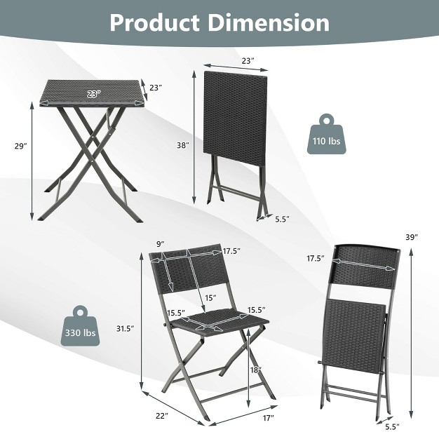 Tangkula 3pcs Patio Bistro Set Folding Wicker Chairs amp Table Outdoor Patio Furniture Set