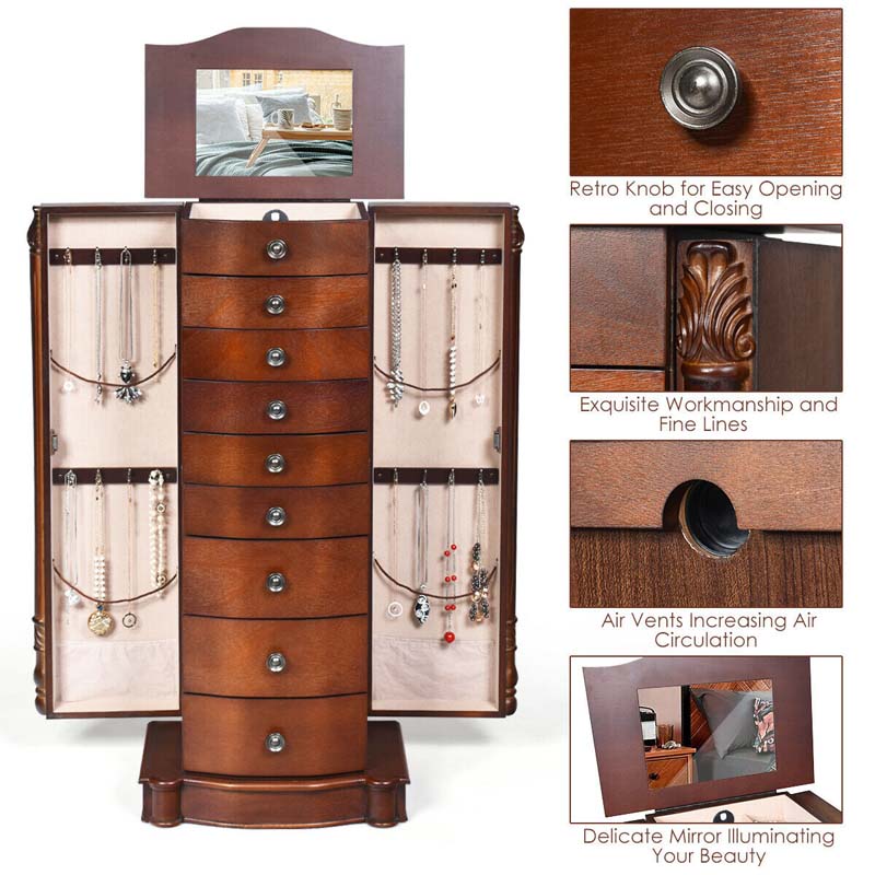 Dark Walnut Large Standing Jewelry Armoire Cabinet with 8 Drawers & 2 Swing Doors, 16 Hooks, Top Mirror Boxes