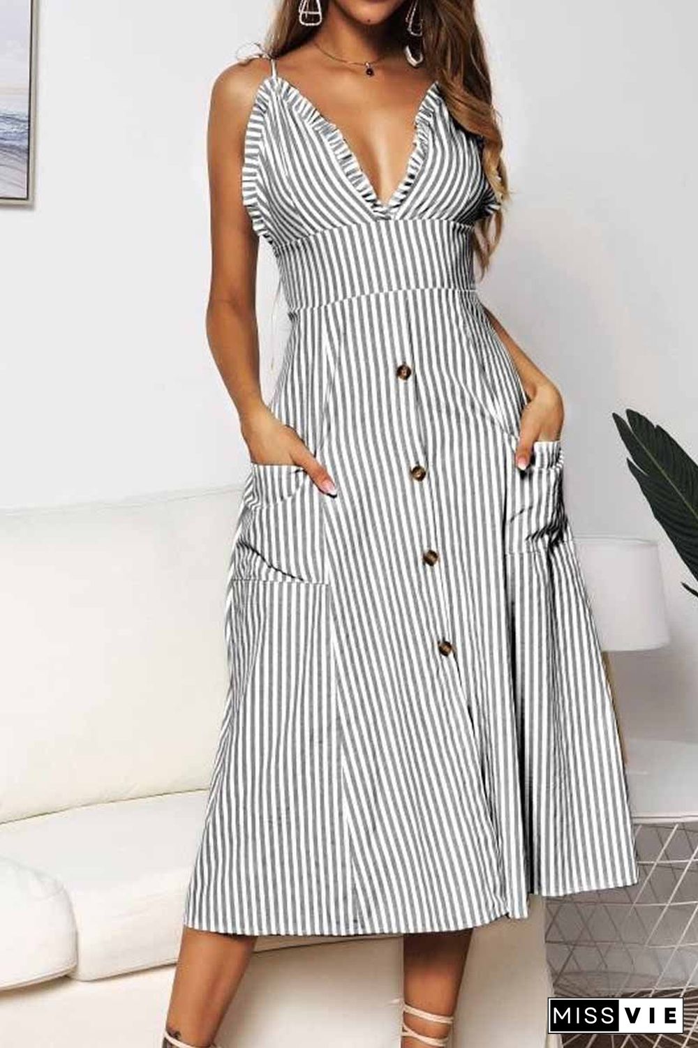 Deep V Neck Button Design Printed Sleeveless Dress