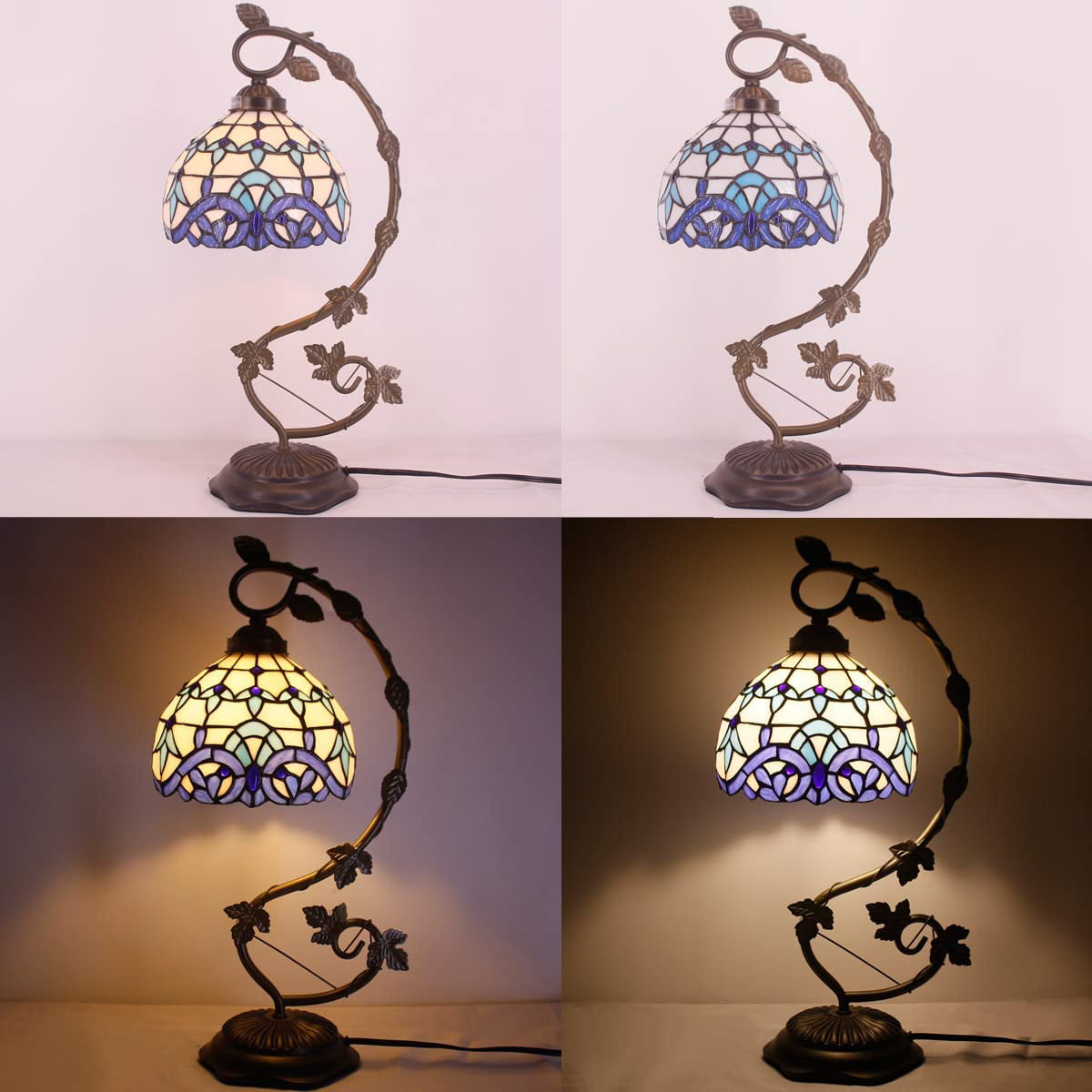 SHADY Tiffany Style Lamp White Blue Stained Glass Table Lamp Reading Desk Light Metal Leaf Base 8X10X21 Inches Decor Small Space Bedside Bedroom Home Office S003B Series