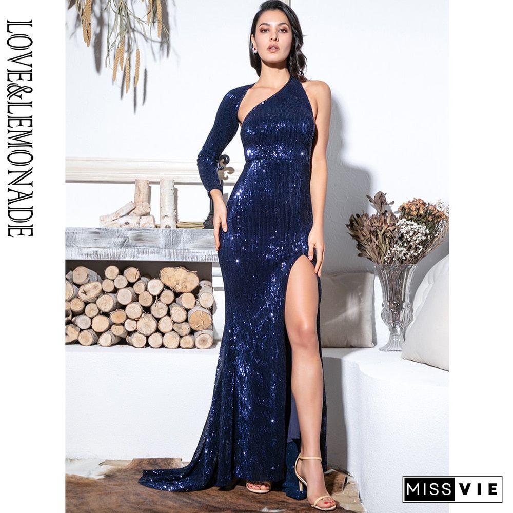 Love&Lemonade Sexy  Open Back Single Sleeve Slim Fit Elastic Sequined Fabric Bodycon Going Out Long Dress Lm81333-2 Navy