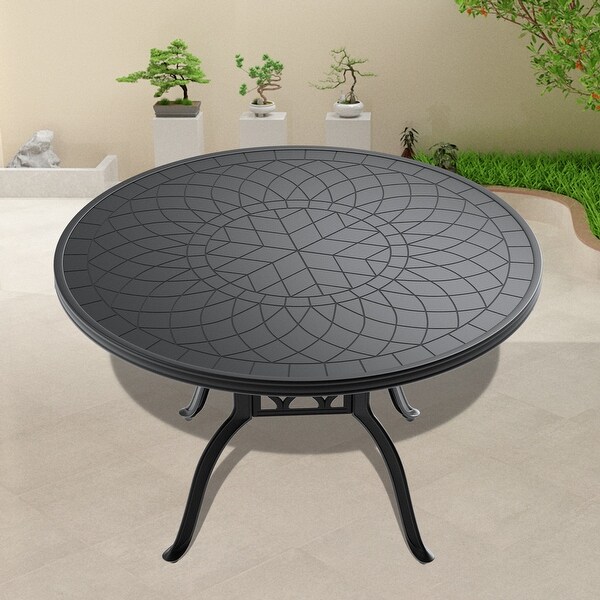 47.24 Inch Cast Aluminum Patio Dining Table with Black Frame and Carved Texture on the Tabletop