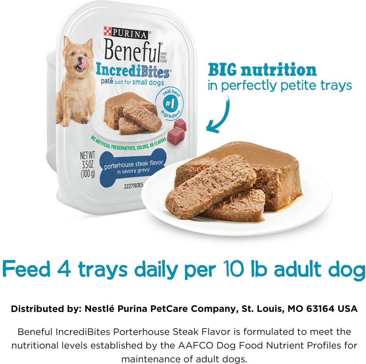 Purina Beneful IncrediBites Porterhouse Steak Flavor in a Savory Gravy Pate Small Wet Dog Food， 3.5-oz can， case of 10