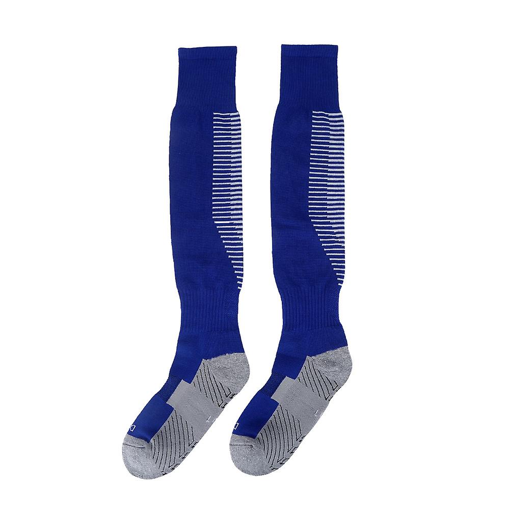 1pair / Set Male Soccer Football Sport Knee-high Anti-slip Thick Tube Socks Blue White Stripes