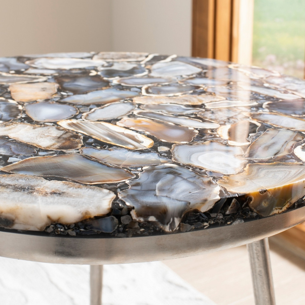 Malien Agate Round Accent Table Nickel/Black   Midcentury   Side Tables And End Tables   by AED Luxury Home Decor  Houzz