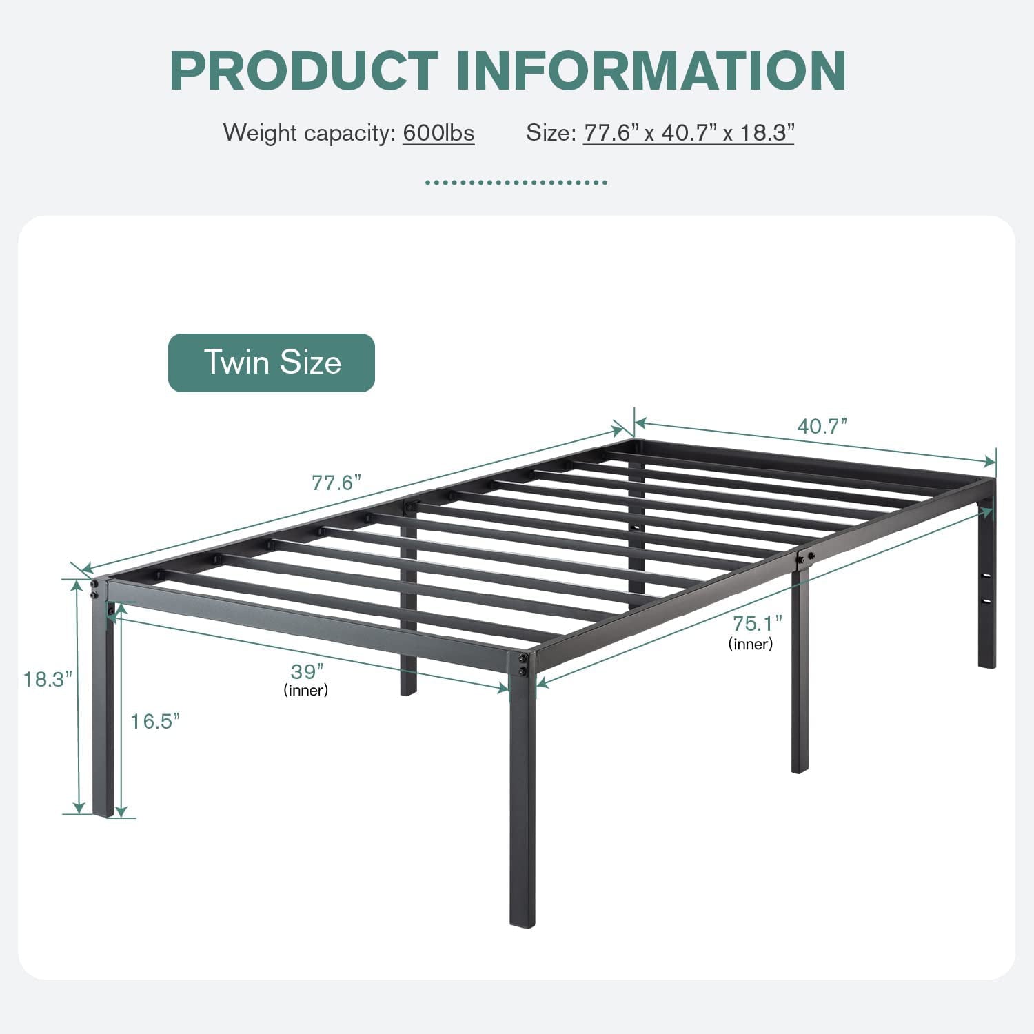 Amolife Heavy Duty Twin Size Metal Platform Bed Frame with 16.5'' Large Under Bed Storage Space