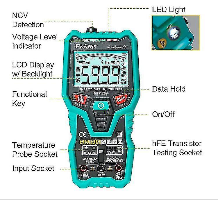 Naiwang Pro'skit Mt-1708 Multimeter 35/6 Fully Automatic Smart Short Circuit Proof High Precision True Rms Adc Adv Digital Tester