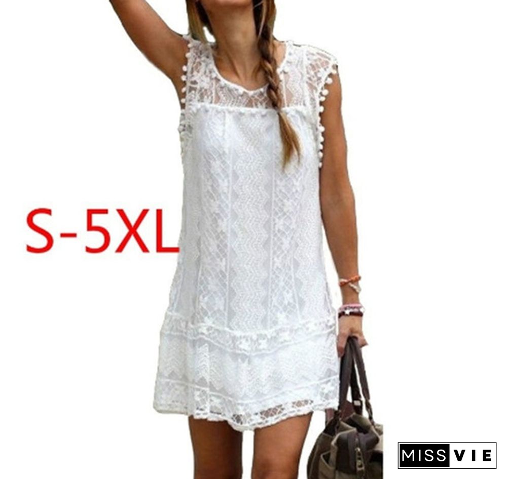 Summer dresses for women Summer Dress Fashion Sexy Women Casual Sleeveless Beach Short Tassel Solid White Mini Lace Vestidos Plus Size(S-5XL)