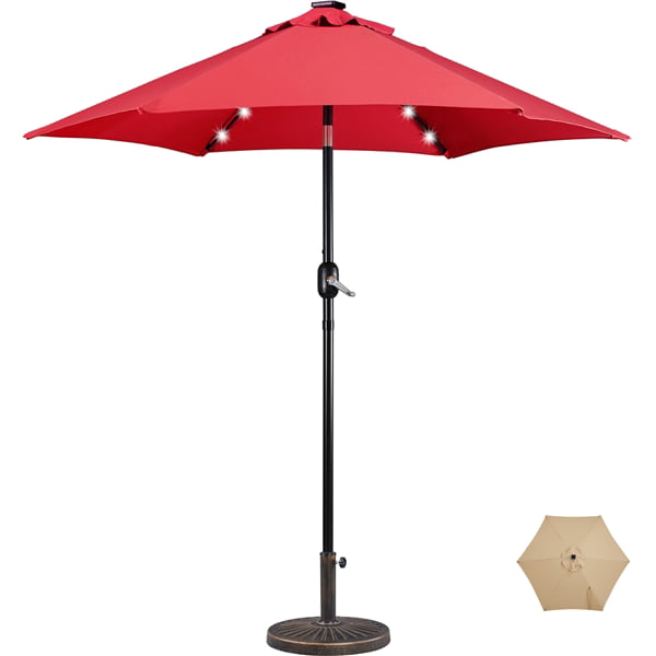 Topeakmart 7.5ft LED Patio Market Umbrella with 18 LED Solar Lights + 26.5lb 18'' Patio Umbrella Base, Red