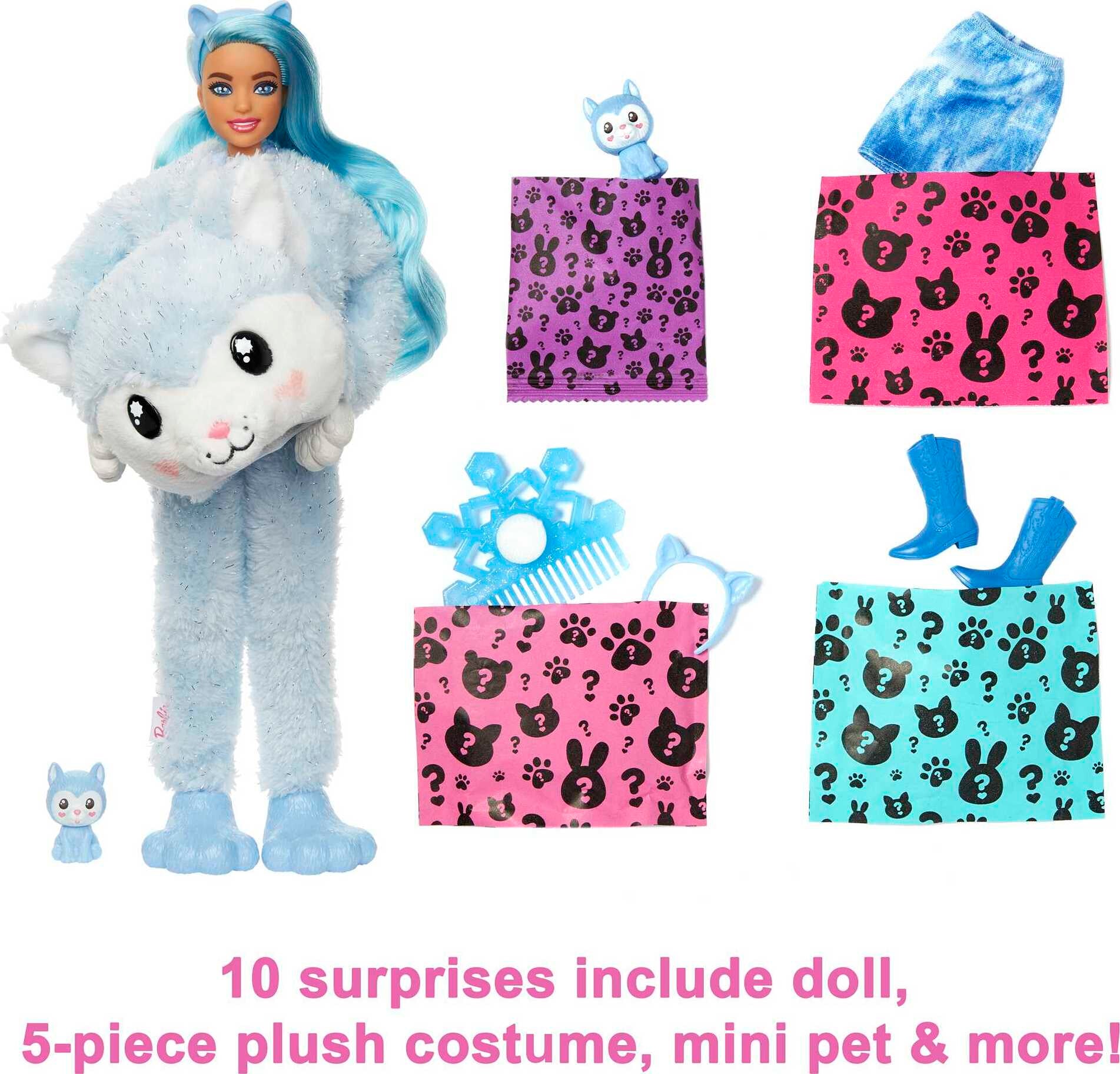 Barbie Cutie Reveal Snowflake Sparkle Fashion Doll with Husky Plush Costume, Mini Pet and Accessories