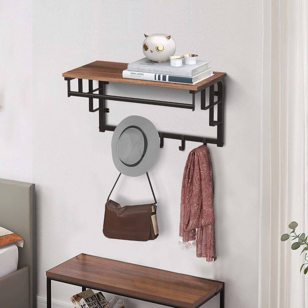 Benjara Brown and Black Metal Framed Wall Mounted Coat Rack with One Storage Shelf BM195870