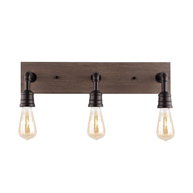 3 light Corbett Rustic Farmhouse Iron Led Vanity Oil Rubbed Bronze brown Wood Finish Jonathan Y