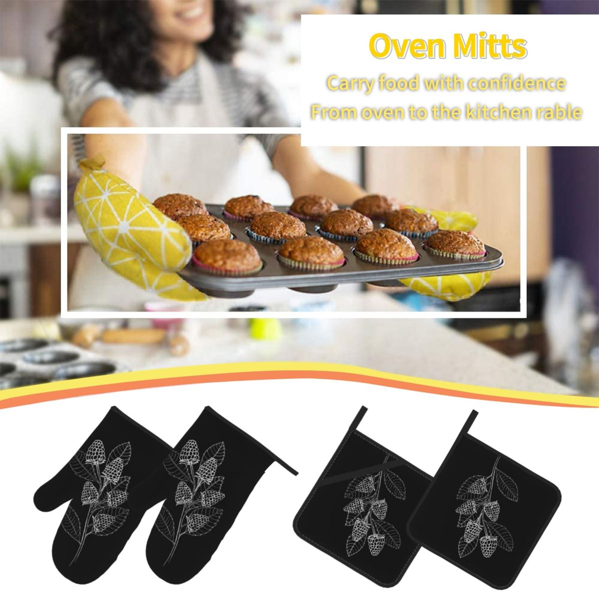 Berries Line Art Oven Mitts and Pot Holders Sets Baking Sets for Kitchen BBQ Gloves Heat Resistant Cooking Abstract 4 Pieces