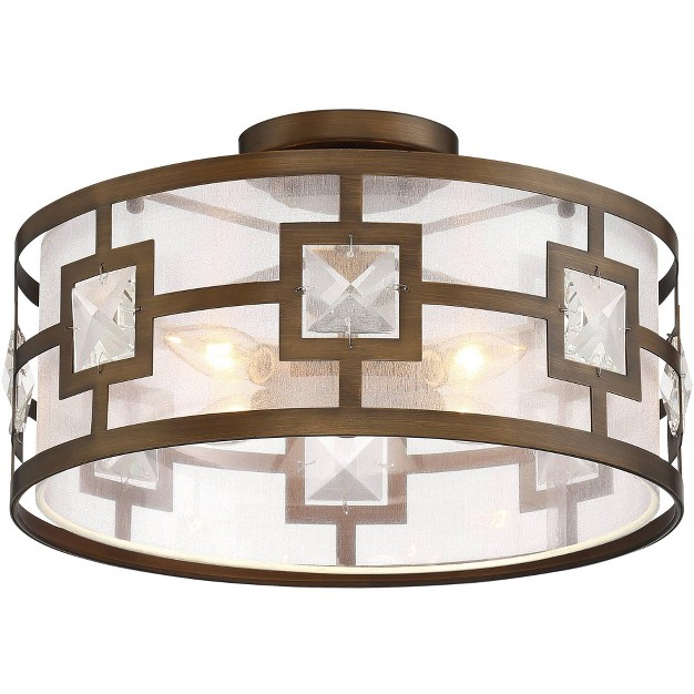 Wide Warm Bronze 3 light Crystal Organza Drum Shade For Living Room