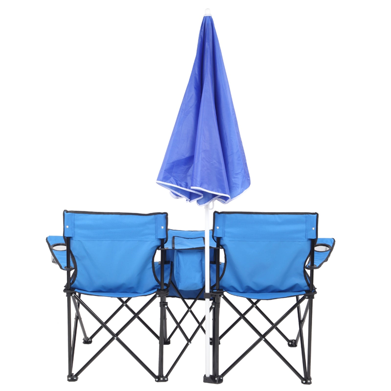 Lowestbest 2Pcs Outdoor Folding Chair， 2-Seat Portable Camping Chair with Sun Umbrella Cooler Bag， Blue