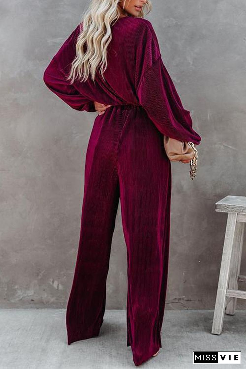 Pleated Crop Blouse Wide Leg Pants Set