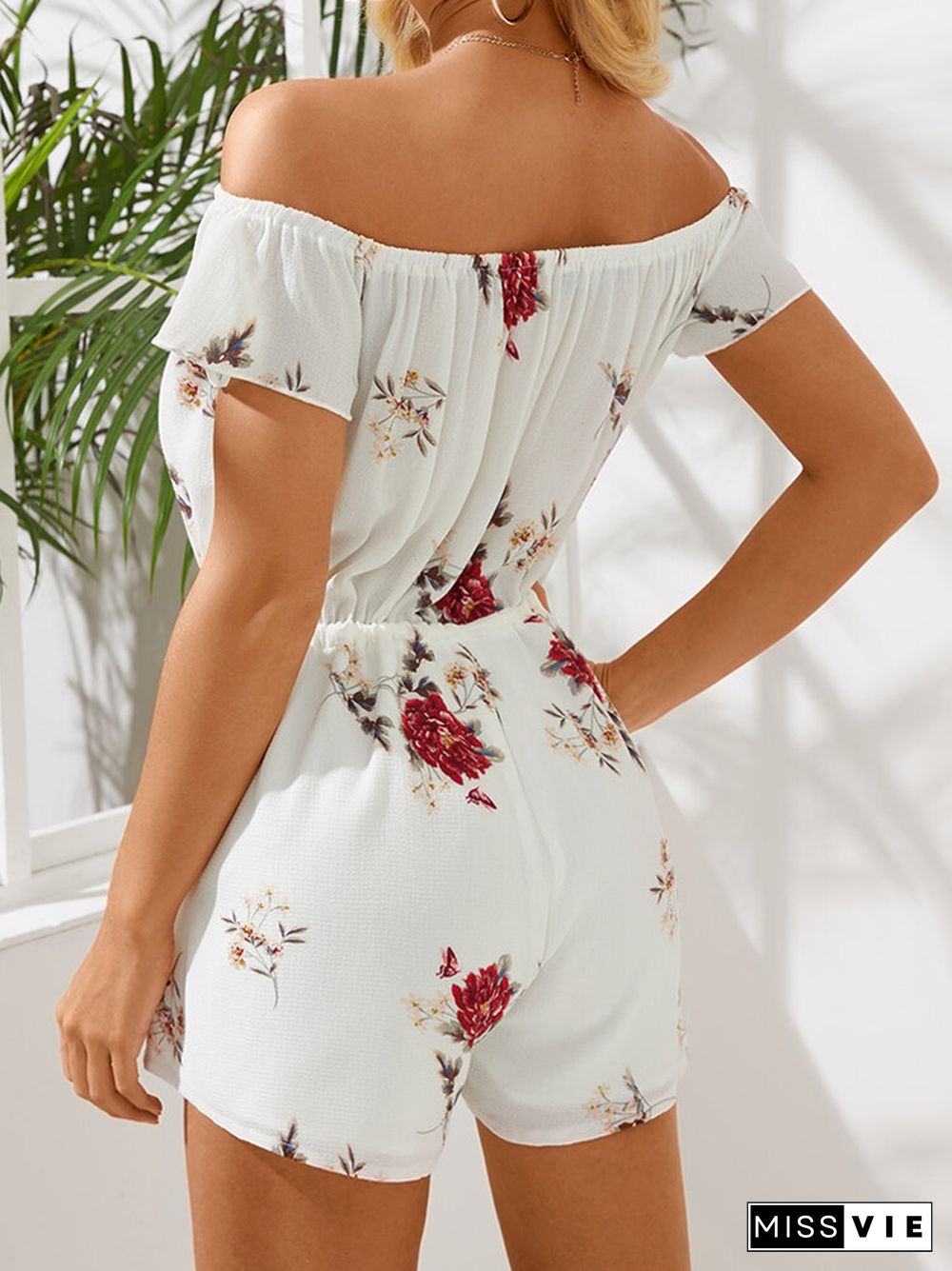 Floral Print Off-shoulder Drawstring Short Sleeve Casual Romper for Women