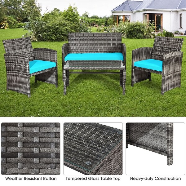 Costway 4PCS Patio Rattan Furniture Set Conversation Glass Table Top