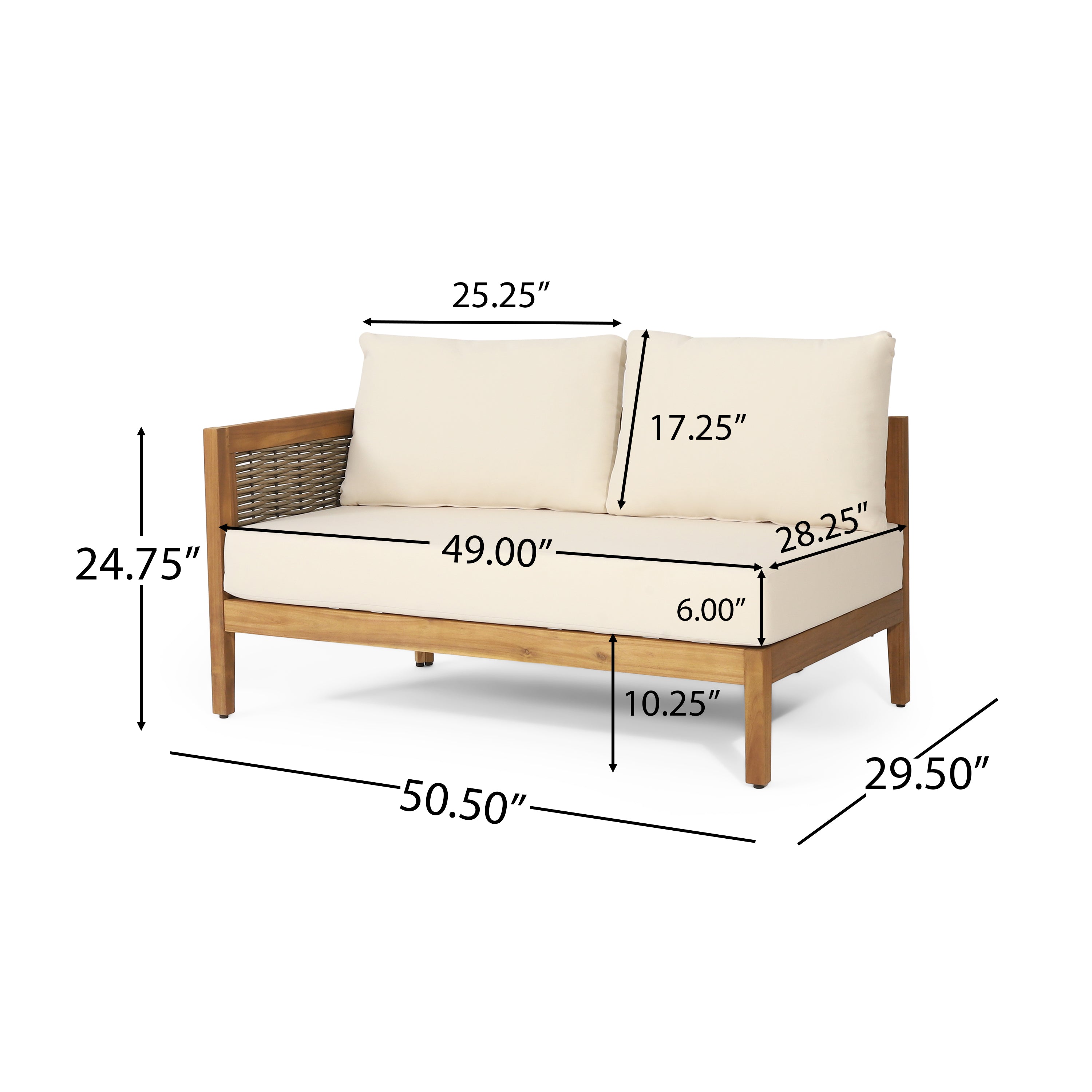 The Crowne Collection Outdoor Acacia Wood and Round Wicker 5 Seater Sectional Sofa Chat Set with Cushions, Teak, Mixed Brown, and Beige