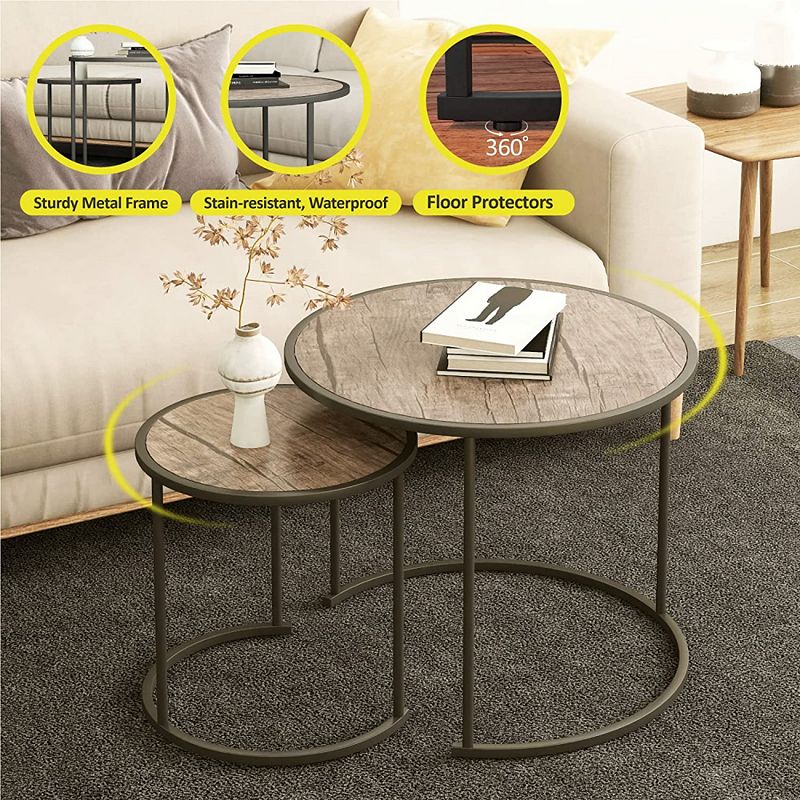 Year Color Round Industrial Nesting Coffee Tables Set of 2 for Bedroom， Office， Living Room