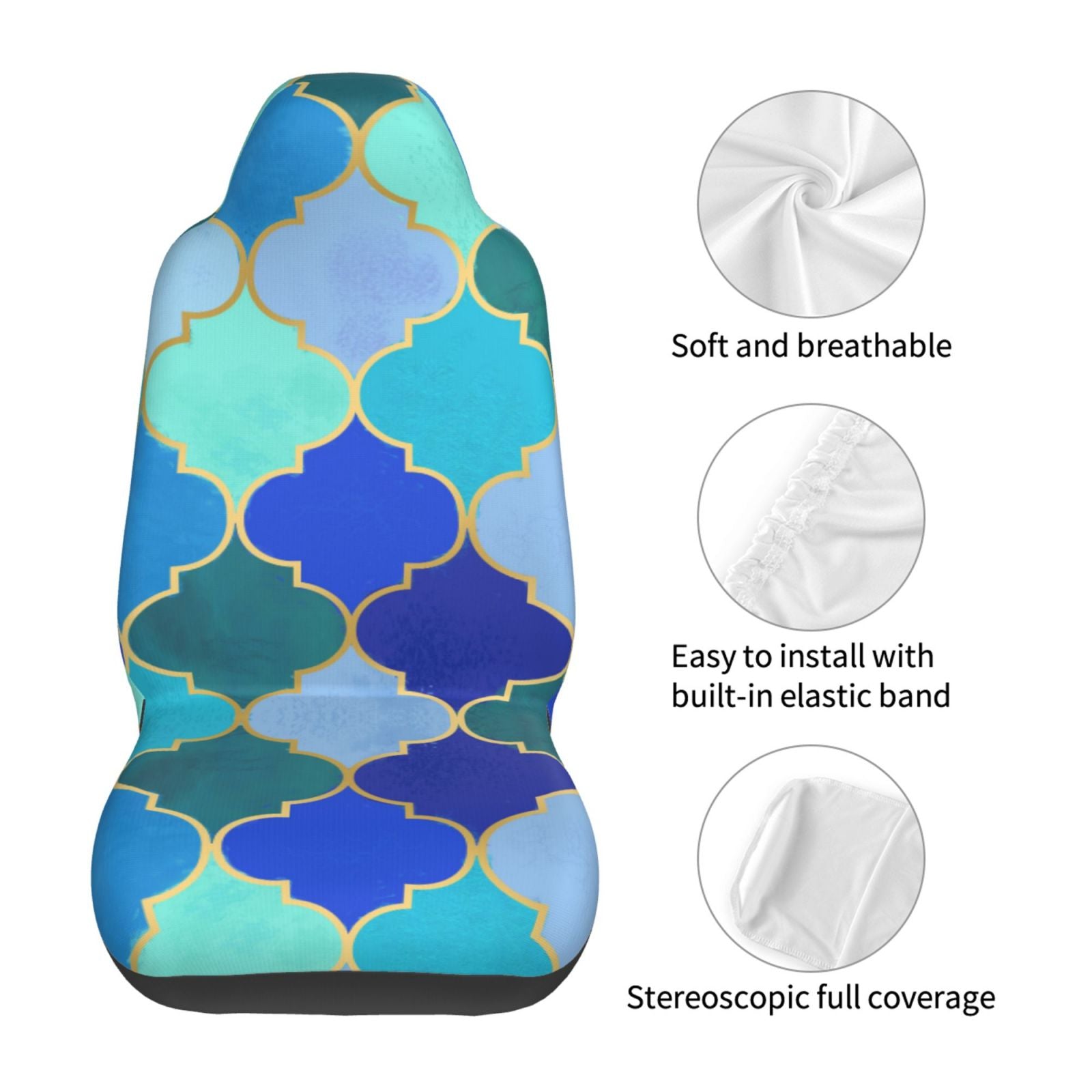 TEQUAN Front Seat Covers， Moroccan Style Blue Texture Pattern 2 Piece Car Seat Cover Fit Most Car SUV Truck Van