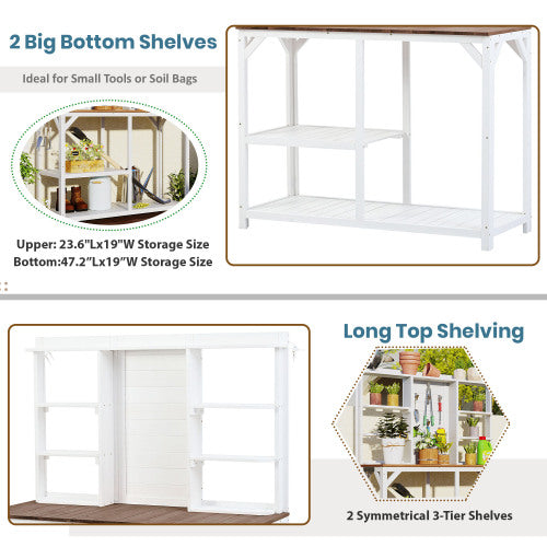 Saim Outdoor Potting Bench Table, 64.6" Large Wood Workstation with 6-Tier Shelves, Large Table top and Side Hook for Mudroom, Backyard, White