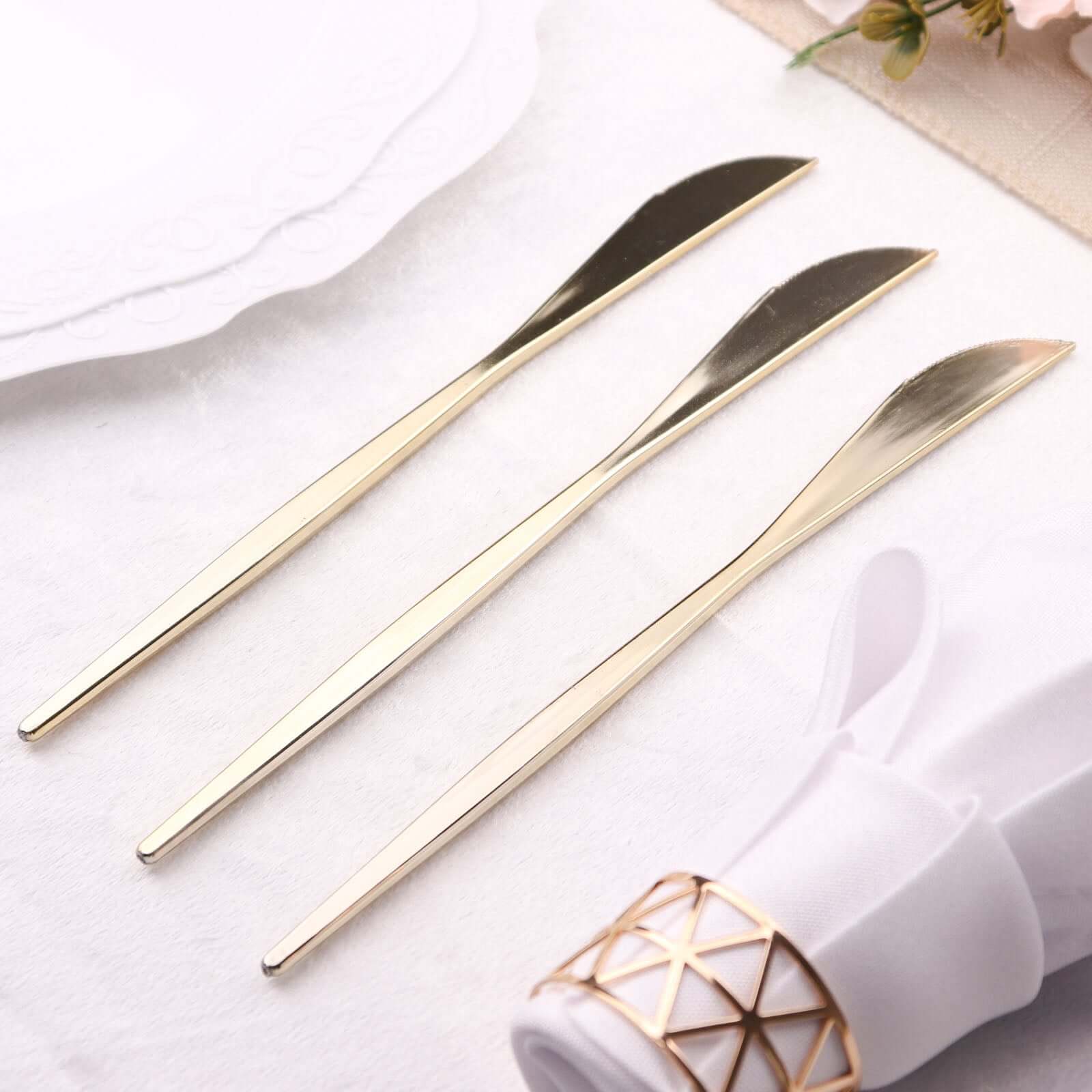 24 Pack Glossy Gold Heavy Duty Plastic Silverware Knives Cutlery, Premium Disposable Sleek Flatware 8