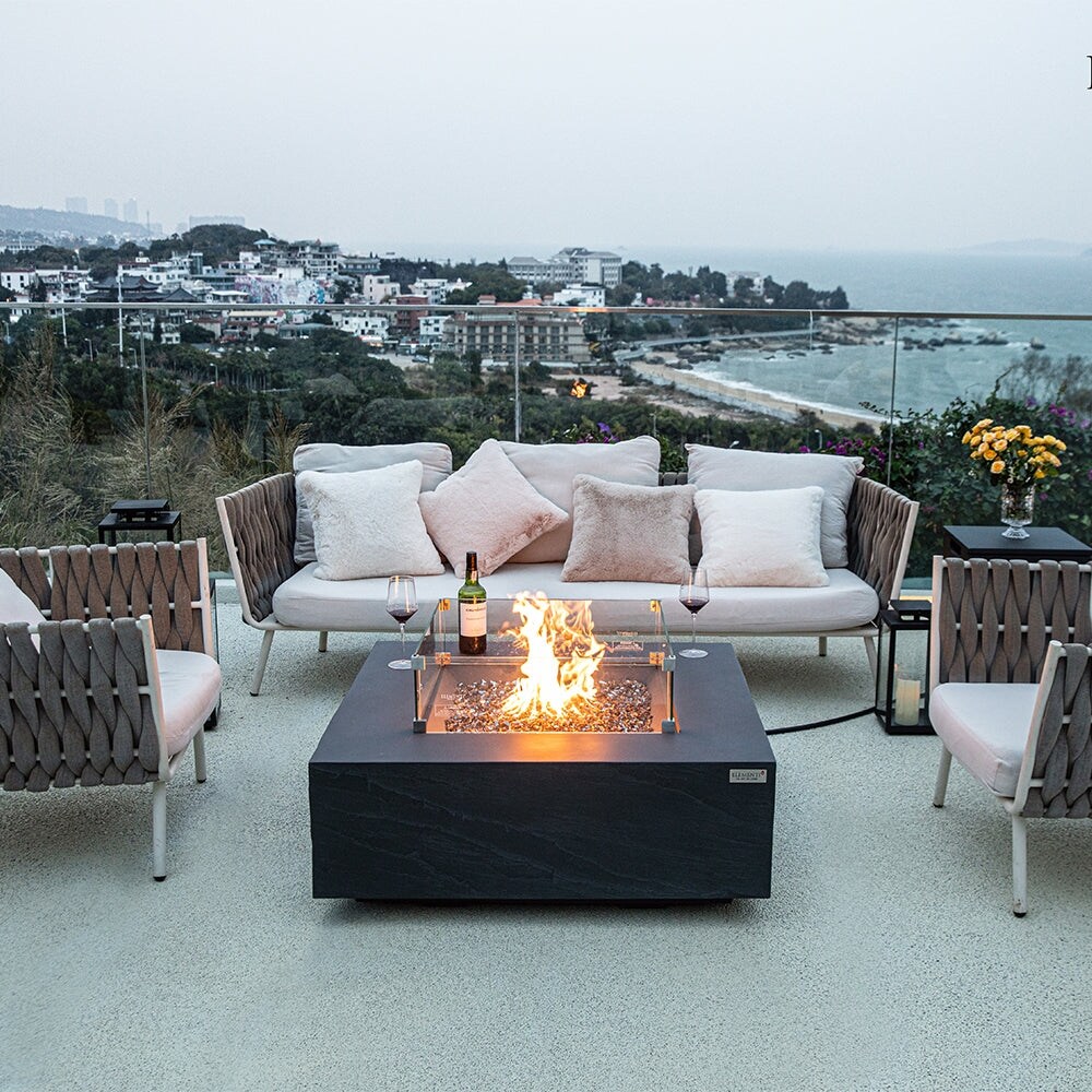 Elementi Plus Capertee Outdoor Fire Pit Table Concrete Square 60000 BTU   40 x 40 inches with Lid  Fire Glass  and Cover