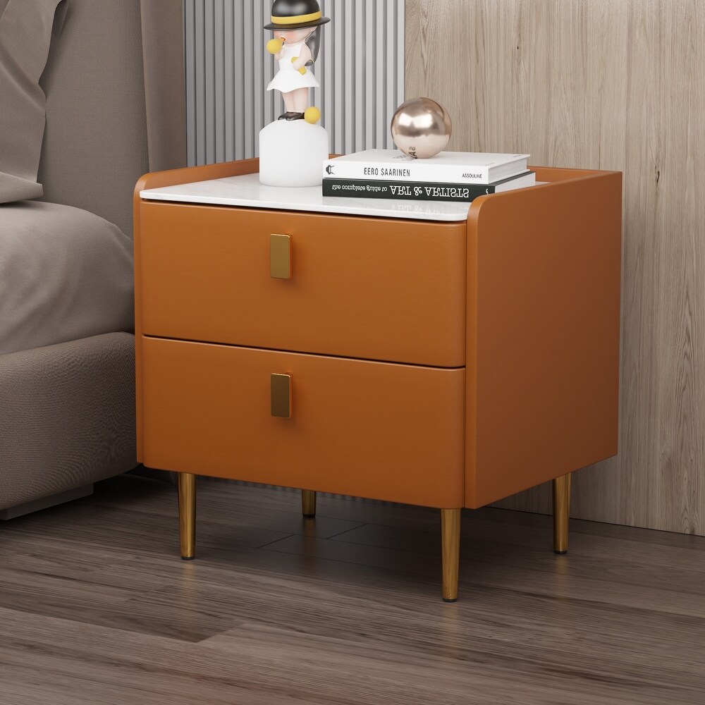 Modern Upholstered Gold plated Metal Nightstand with Stone Tabletop