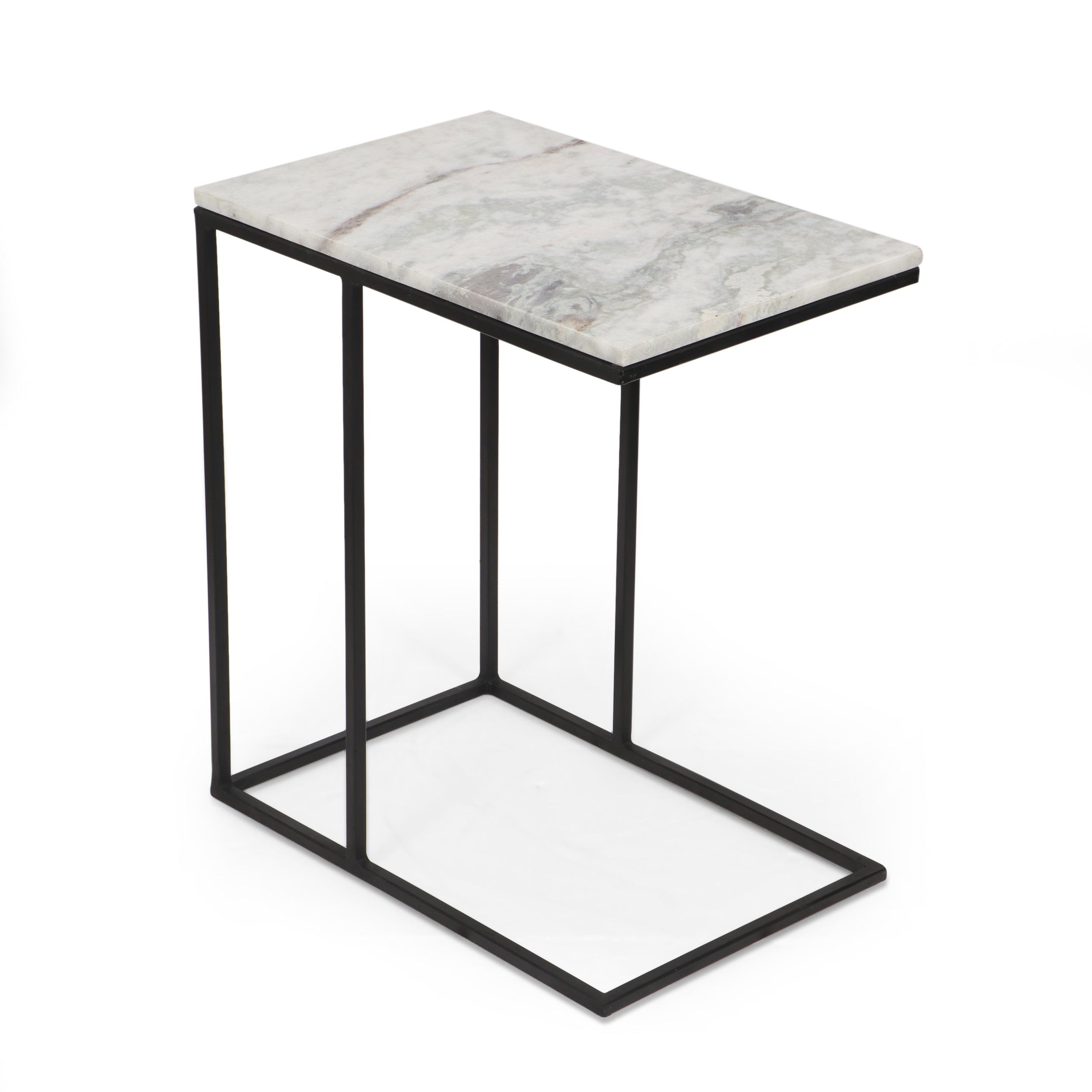 Burtnett Modern Glam Handcrafted Marble Top C-Shaped Side Table, Natural White and Black