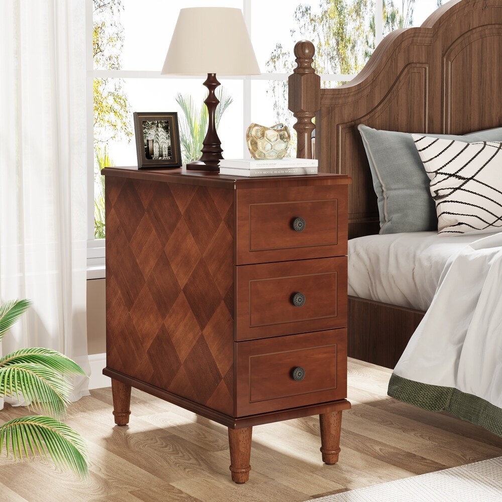 Fully Assembled Narrow End Table  Solid Wood Side Table with 3 Drawers  Vintage Nightstand Slim Bedside Table for Small Spaces