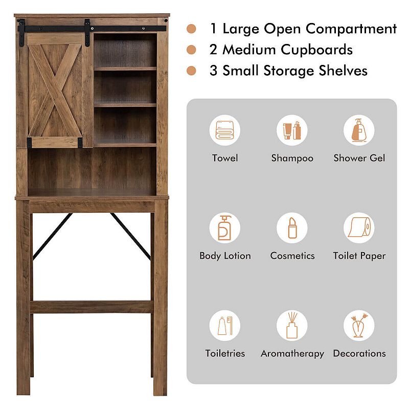 Wooden Bathroom Storage Cabinet with Sliding Barn Door and 3-level Adjustable Shelves-Rustic Brown