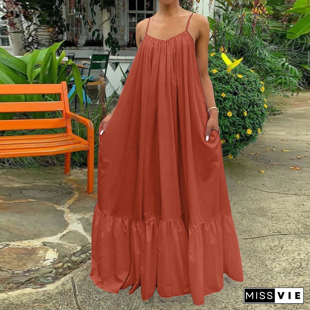 New Women Camisole Oversized Fashion Casual Sleeveless Maxi Dresses Strap Dress Backless Big Swing Floor-Length Robe