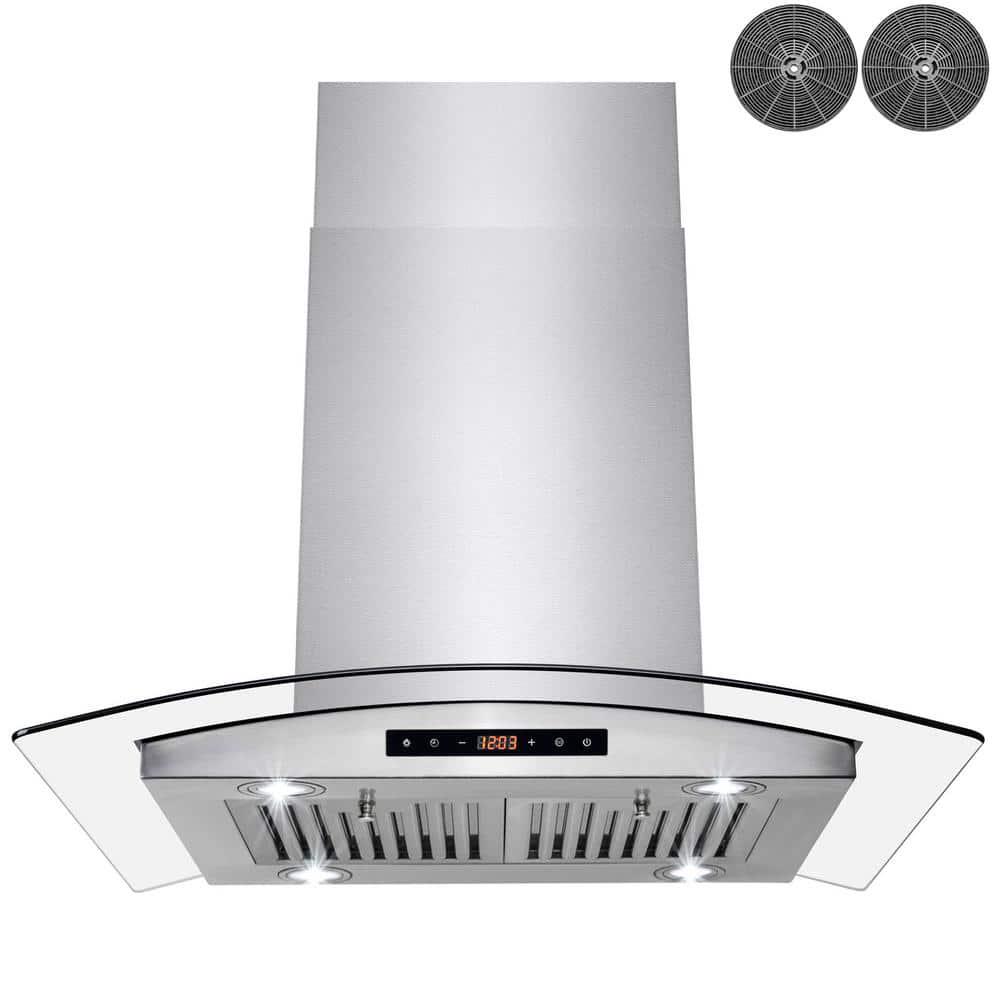 AKDY 30 in 343 CFM Convertible Island Mount Range Hood with Tempered Glass and Carbon Filters in Stainless Steel