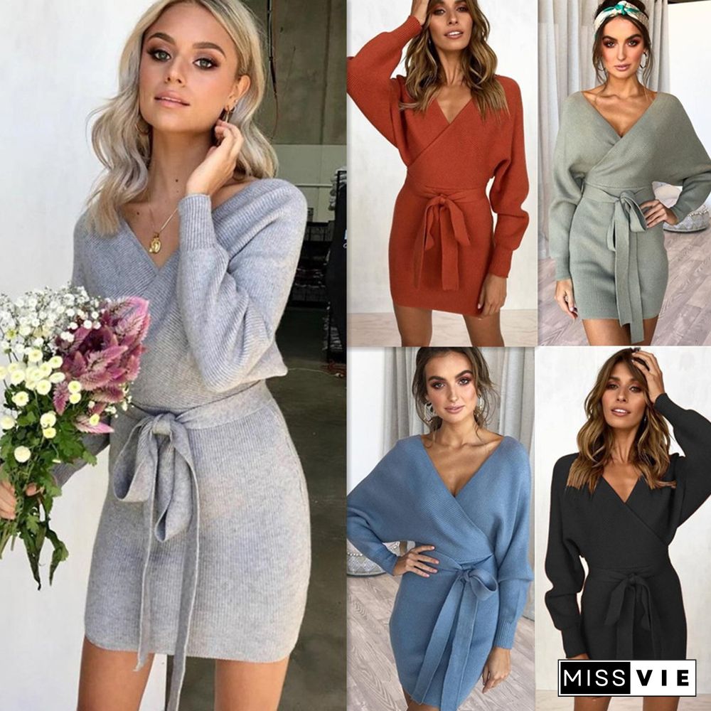 V-Neck Knit Waist Belt Long Sleeves Sweater Dress