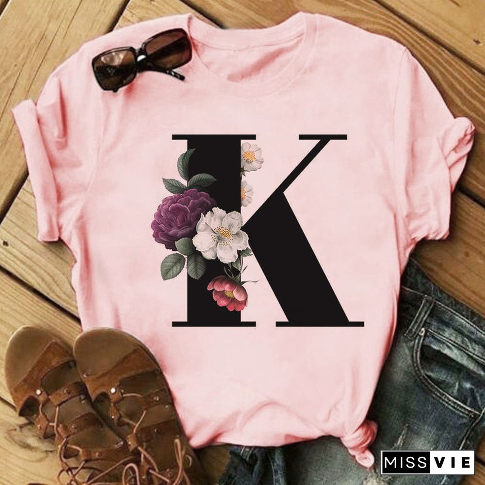 26 Letter Alphabet A-Z Women T-Shirts Fashion Breathable Flowers Short Sleeve Casual Tops Couple Basic Tee Crew Neck Clothes Top