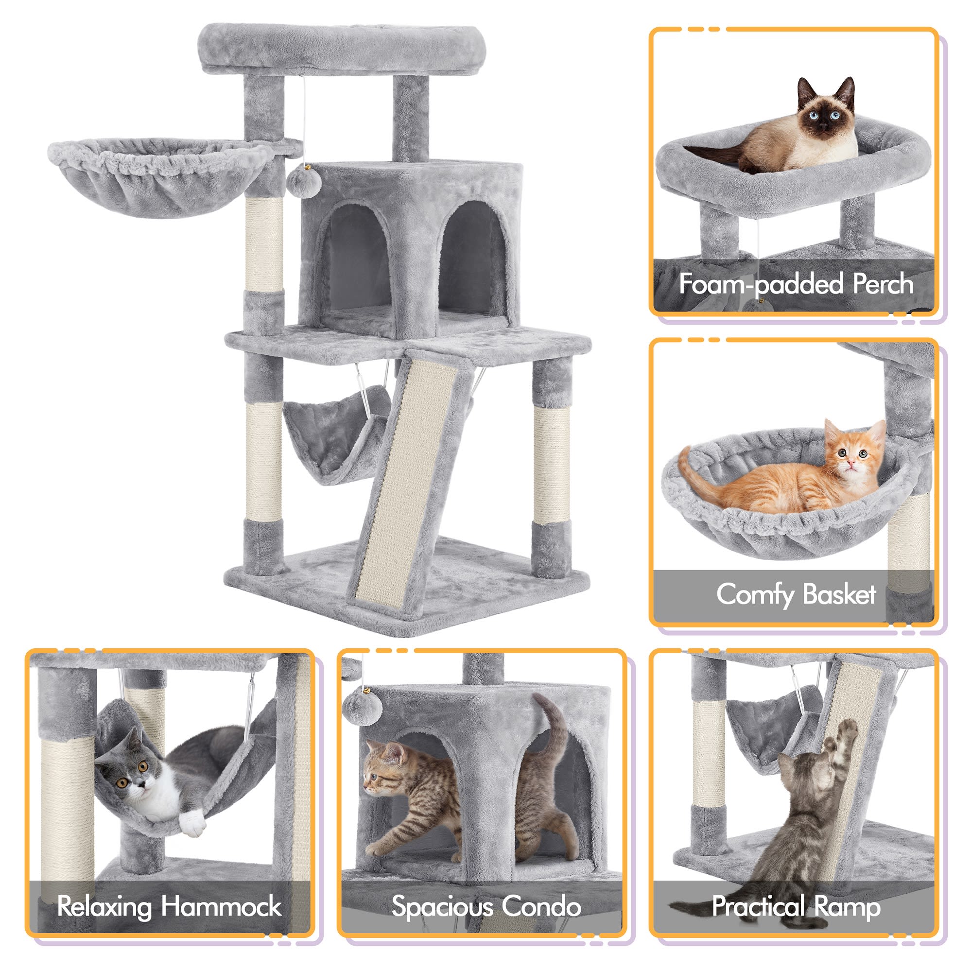 Topeakmart Light Gray Medium Plush Cat Tree with Condo， 40