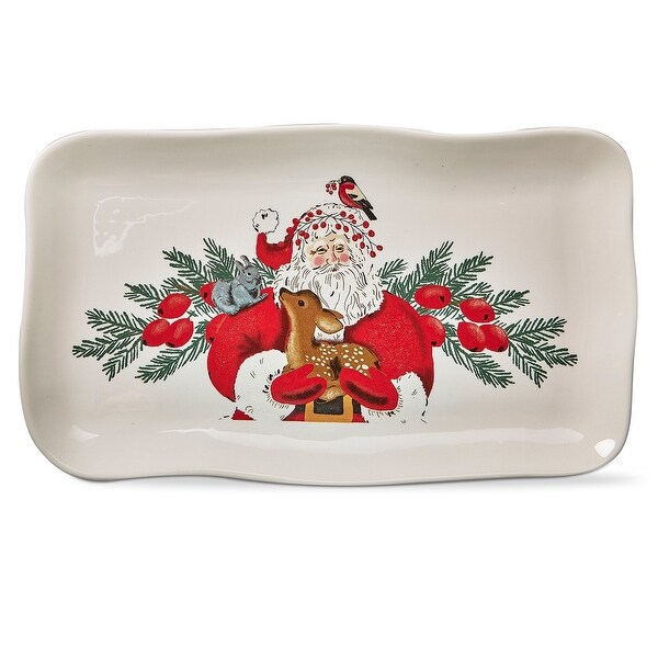 Christmas Woodland Santa with Critters Deer and Bird with Greenery Dolomite Rectangle Serving Platter，17.0L x 10.0W in.