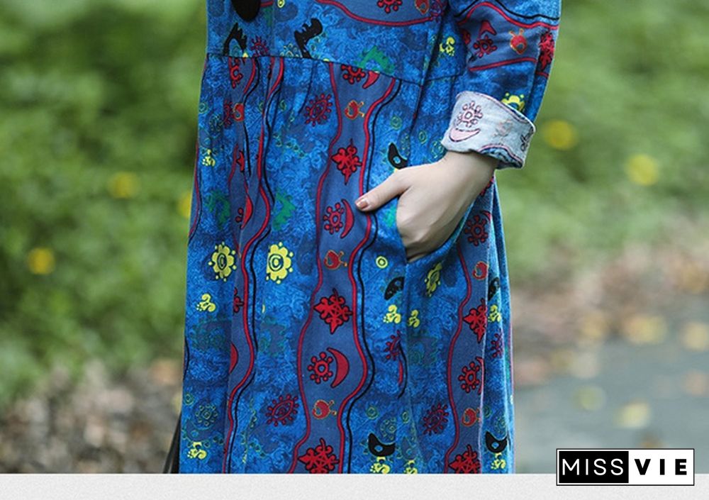 New Arrival Women's Fashion Clothing Spring and Autumn Folk Style Linen Defined Waist Loose Full Dress Printed Long Sleeve Dress