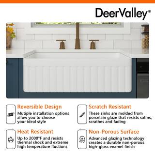 DEERVALLEY Solstice White Fireclay 33 in. L x 18 in. W Rectangular Single Bowl Farmhouse Apron Kitchen Sink with Grid and Strainer DV-1K502