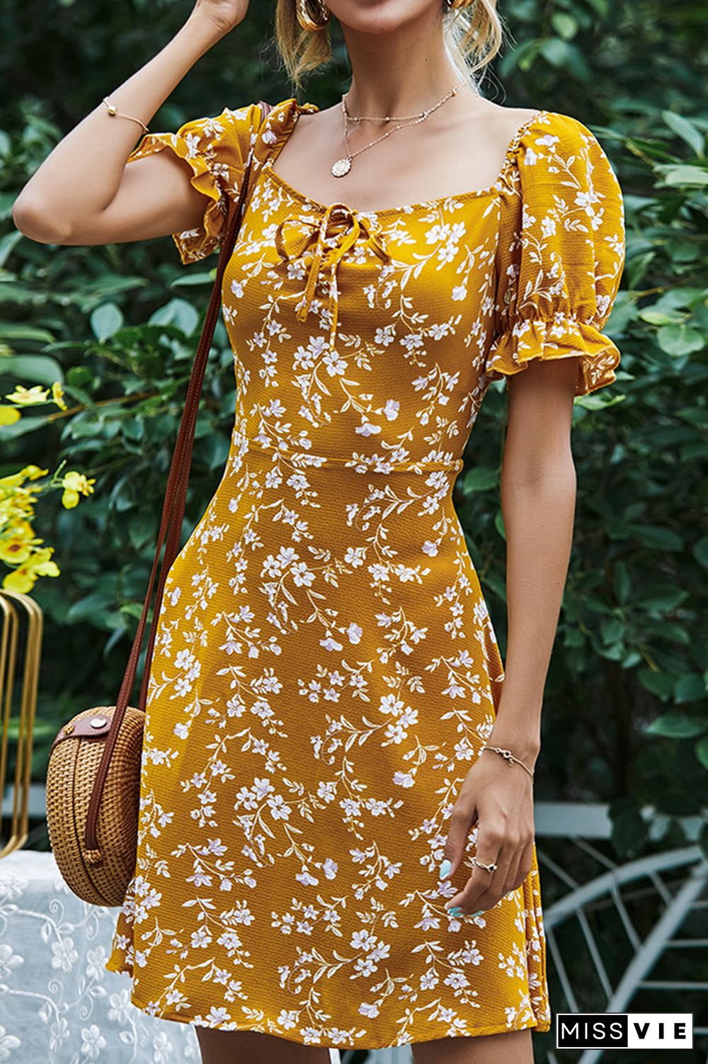 Mustard Square Neck Puffy Floral Swing Dress