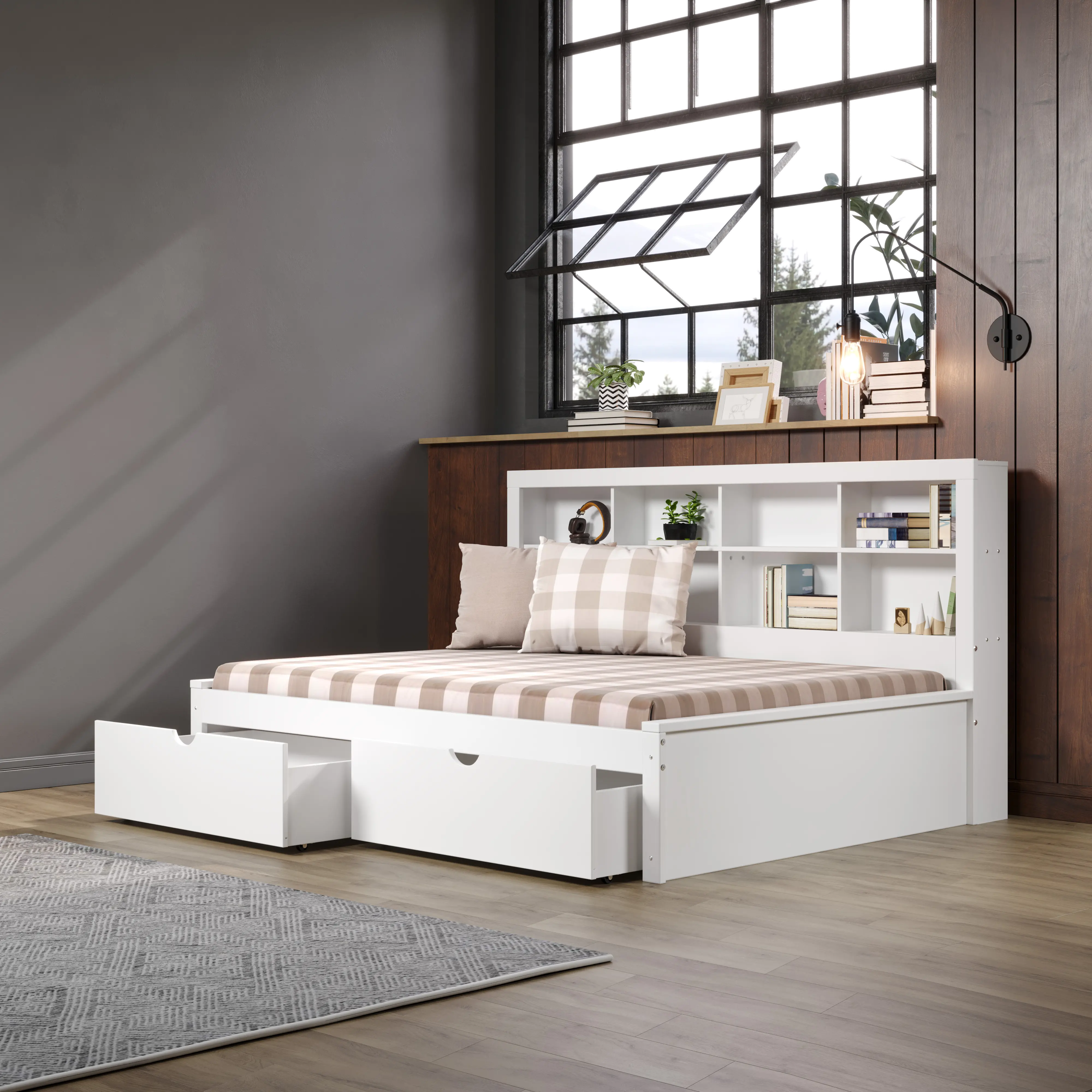 White Full Bookcase Daybed with Storage Drawers