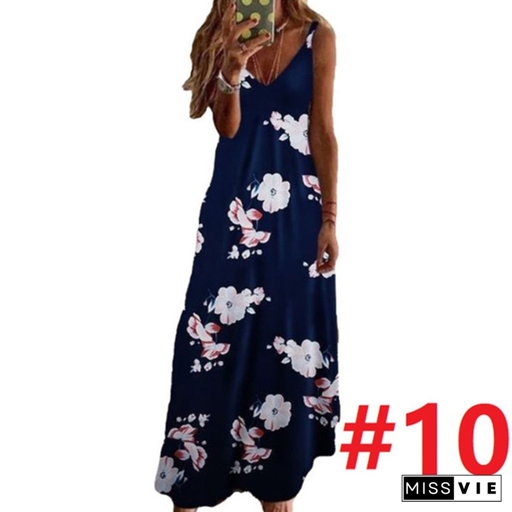 Women's Fashion Summer Sleeveless Floral Printing Sling Dress Deep V-Neck Slim Fit Big Swing Skirts Loose Casual Long Maxi Dresses Ladies Plus Size Party Dresses