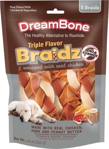 DreamBone Triple Flavor Braidz Wrapped w/Chicken Dog Rawhide Treat， 11.8-oz bag， 5 count