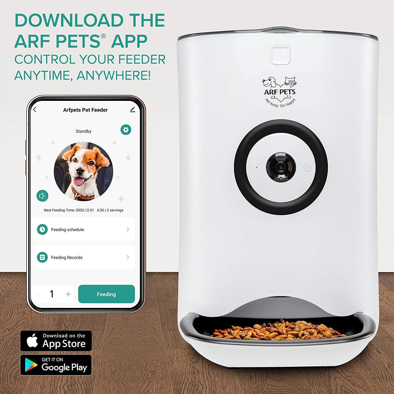 Arf Pets Smart Automatic Pet Feeder with Wi-Fi， Programmable Food Dispenser for Dogs and Cats with Easy App-Controlled， 20-Cup Capacity