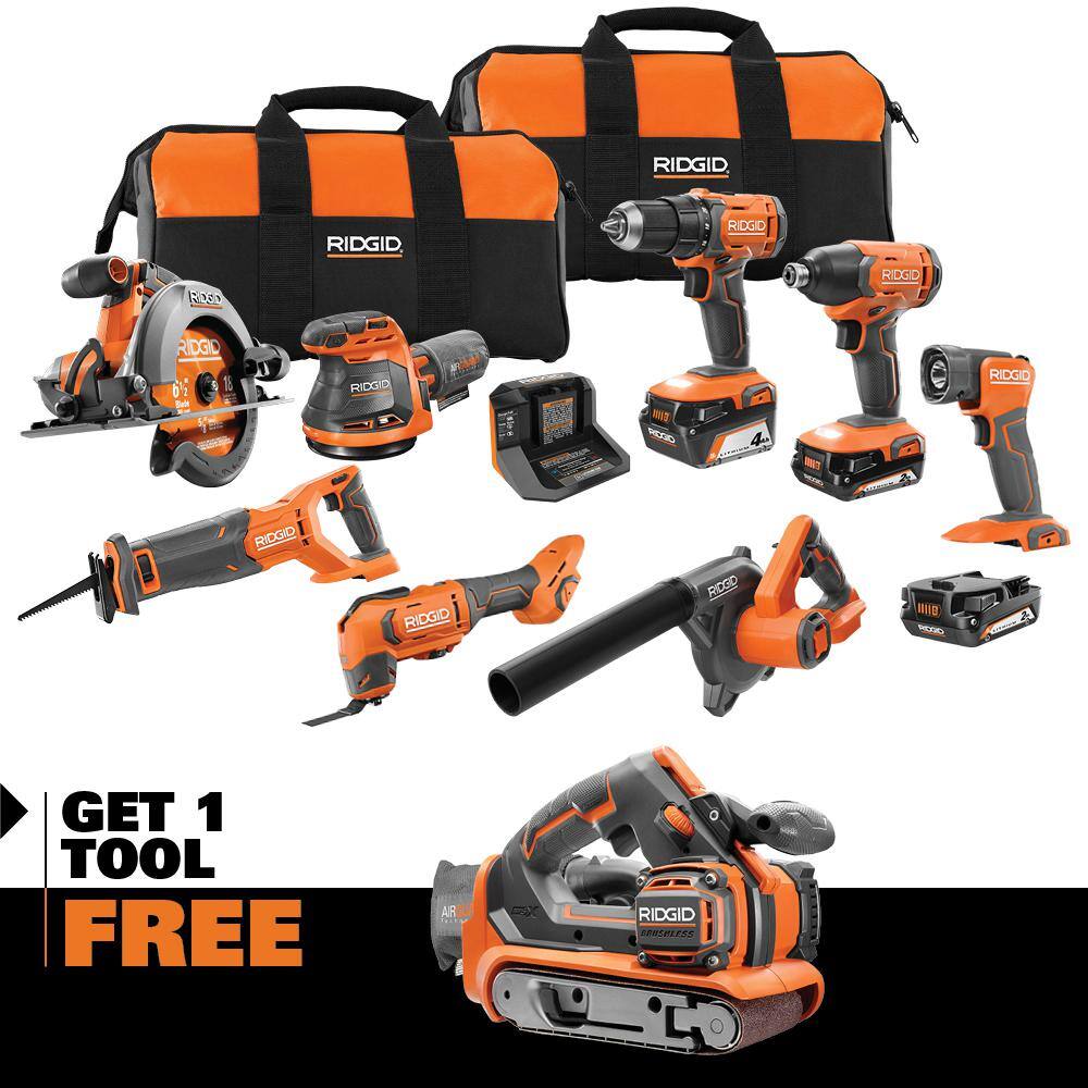 RIDGID 18V Cordless 8-Tool Combo Kit with (3) Batteries Charger and Bag with 18V Belt Sander R96258-R86065B