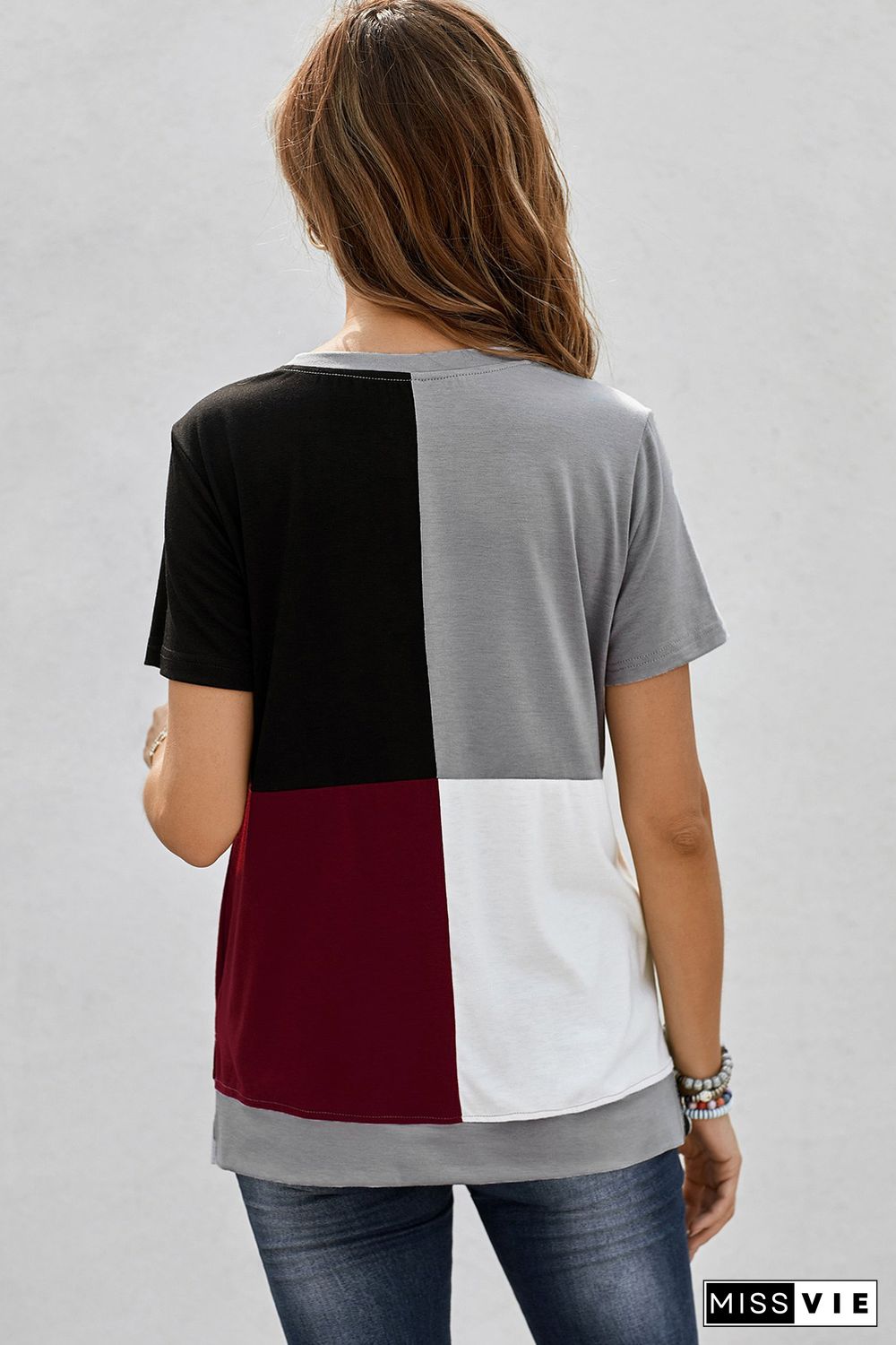 Wine Red Colorblock T-shirt with Slits